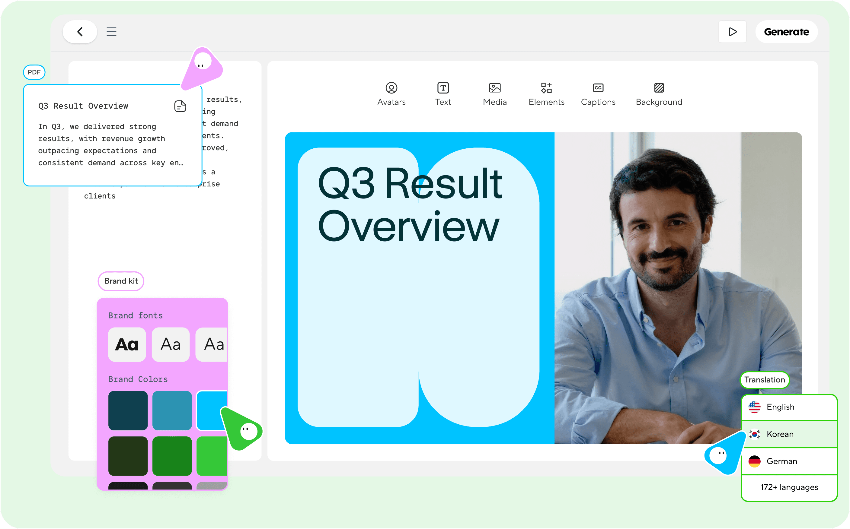 HeyGen AI Studio-interface met scripteditor en avatar-preview