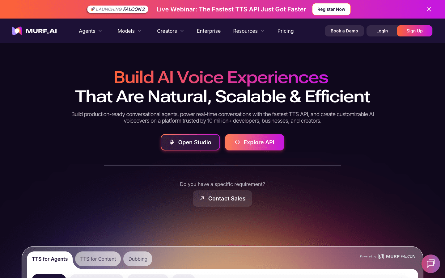 Murf AI homepage met hero-sectie voor conversational voice agents en de tekst-naar-spraak-API
