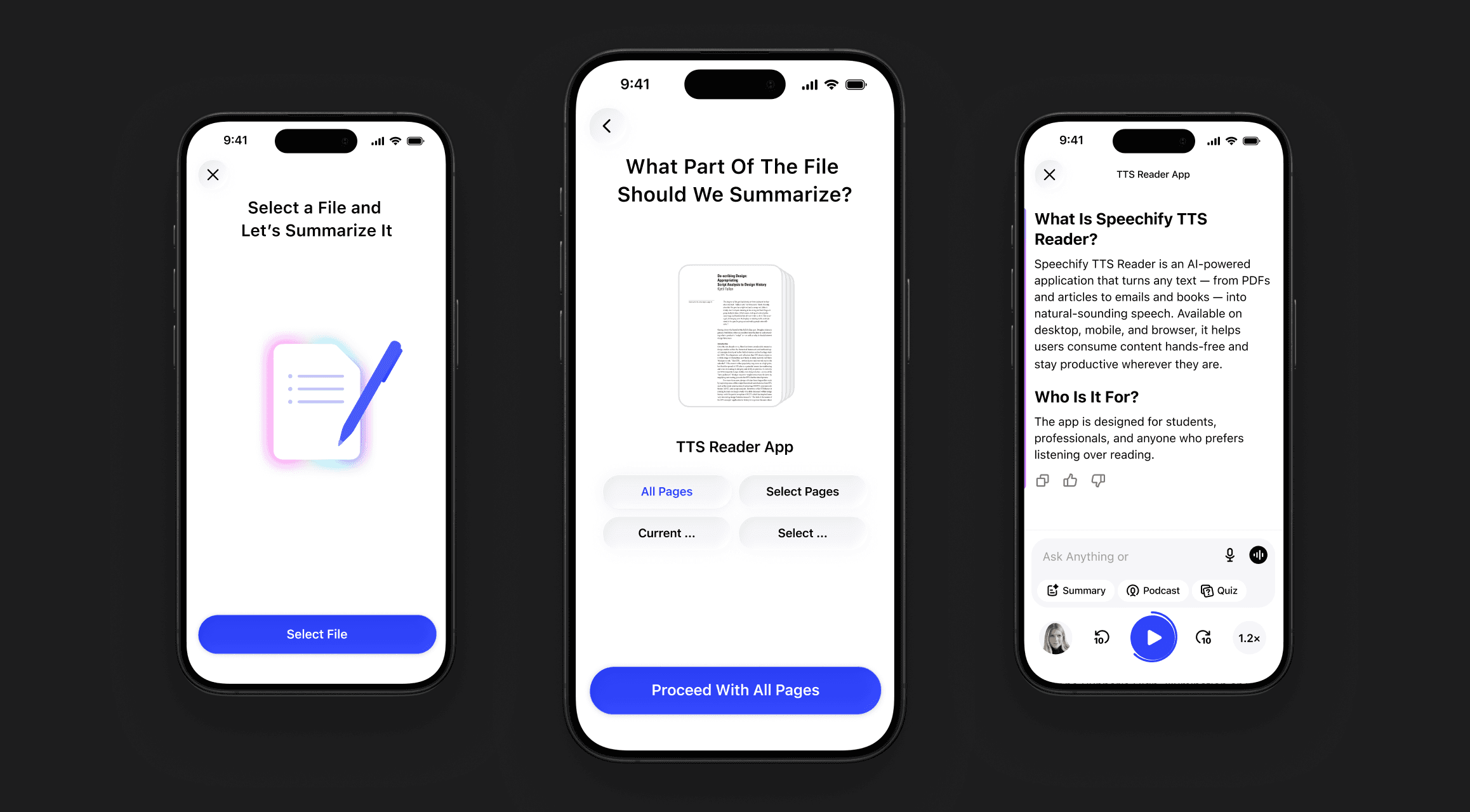 Speechify mobiele app die een document samenvat met de Voice AI Assistant