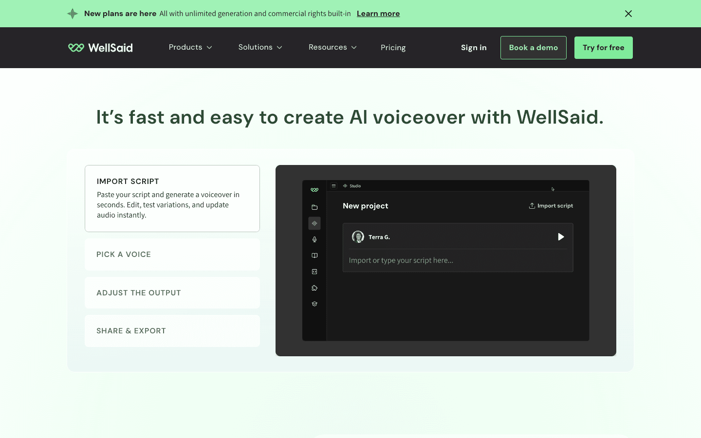 WellSaid Studio-werkomgeving met scriptveld, stemkeuze en 'Import script'-knop
